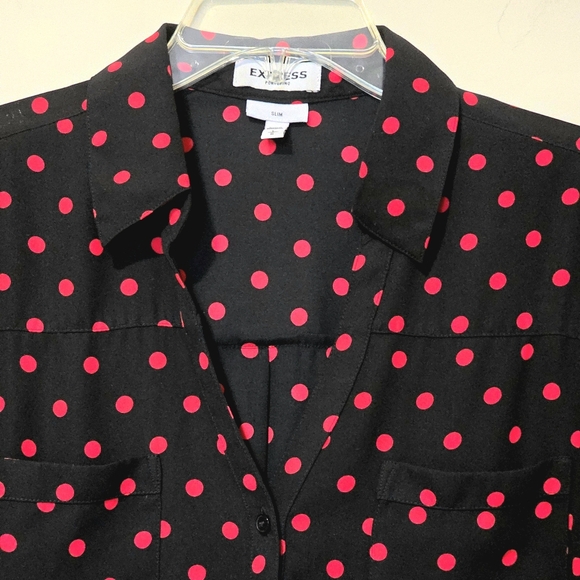Express Tops - Express Black Red Polka Dot Slim Fit LP Blouse Roll Tab Large Petite